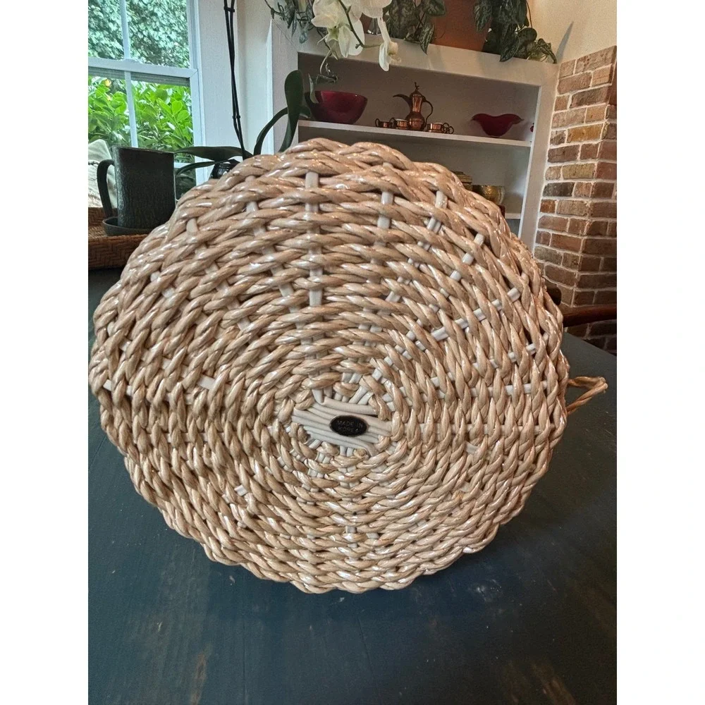 Vintage Woven Straw Ruffle Top Basket Bow Detail Boho Decor Made in Korea